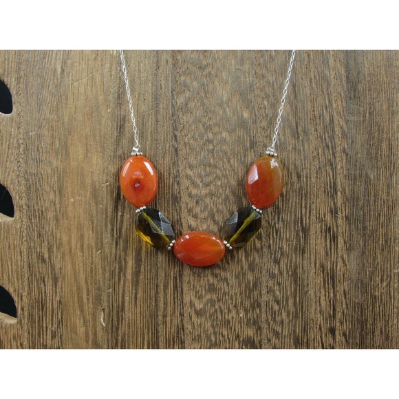 18" Sterling Silver Brown Glass And Orange Stone Necklace Vintage Minimalist - Picture 1 of 6